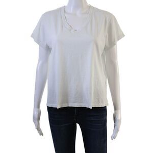 Leallo Women V-Neck Basic White Cotton Short Sleeve T-Shirt Size S